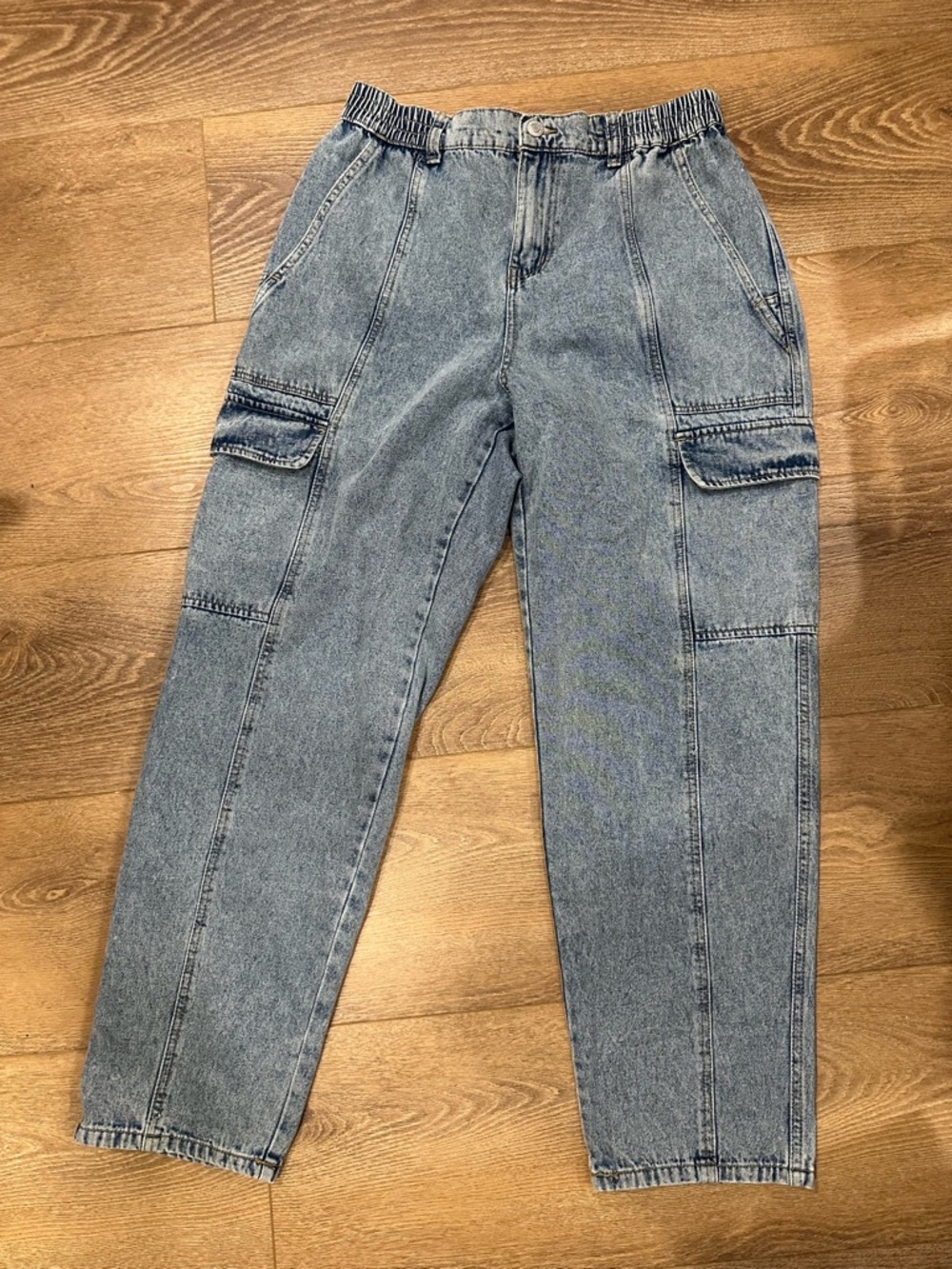 CLEARANCE - Light Blue Denim Cargo Jeans  - high rise rigid cargo tapered leg XL